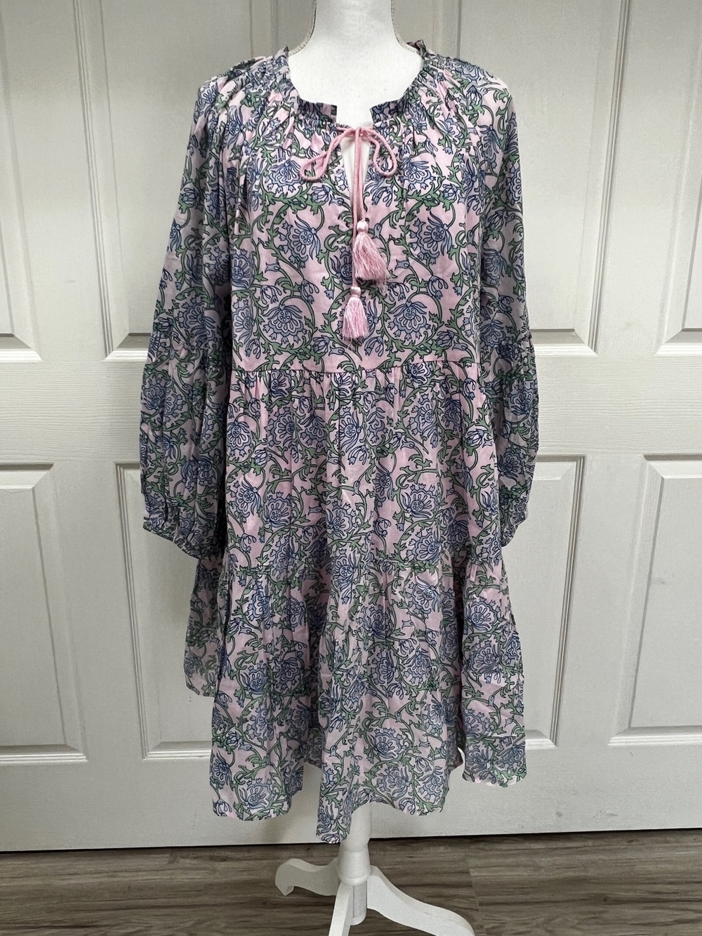 Preppy Girl Palm Beach Mini Dress Floral Tiered Tassel Neckline Long Sleeve Boho